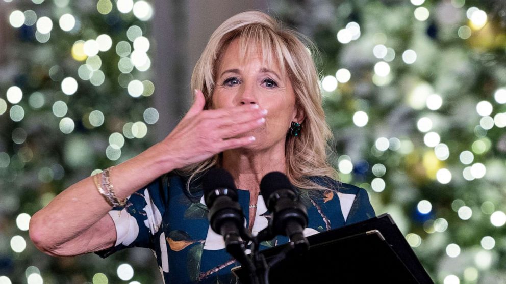 PHOTO: First Lady Jill Biden speaks during an event, to thank the volunteers from the area who helped decorate the White House for the holiday, in the East Room of at the White House, Nov. 29, 2021. 