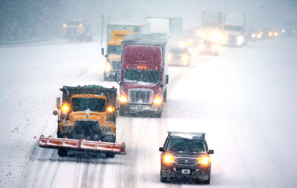 PHOTO: Snow-covered roads made traffic move slowly on I-85 in Lexington, North Carolina, Dec. 9, 2018.