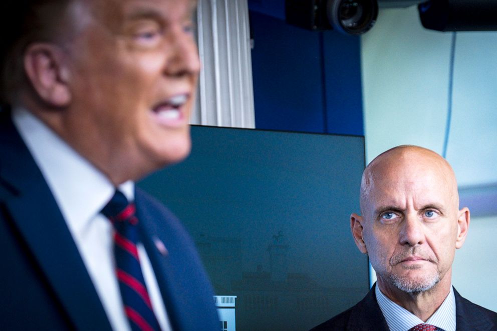 PHOTO: Stephen Hahn looks on as President Donald Trump announces that the Food and Drug Administration is issuing an emergency authorization for blood plasma as a coronavirus treatment during a press conference at the White House on on Aug. 23, 2020.