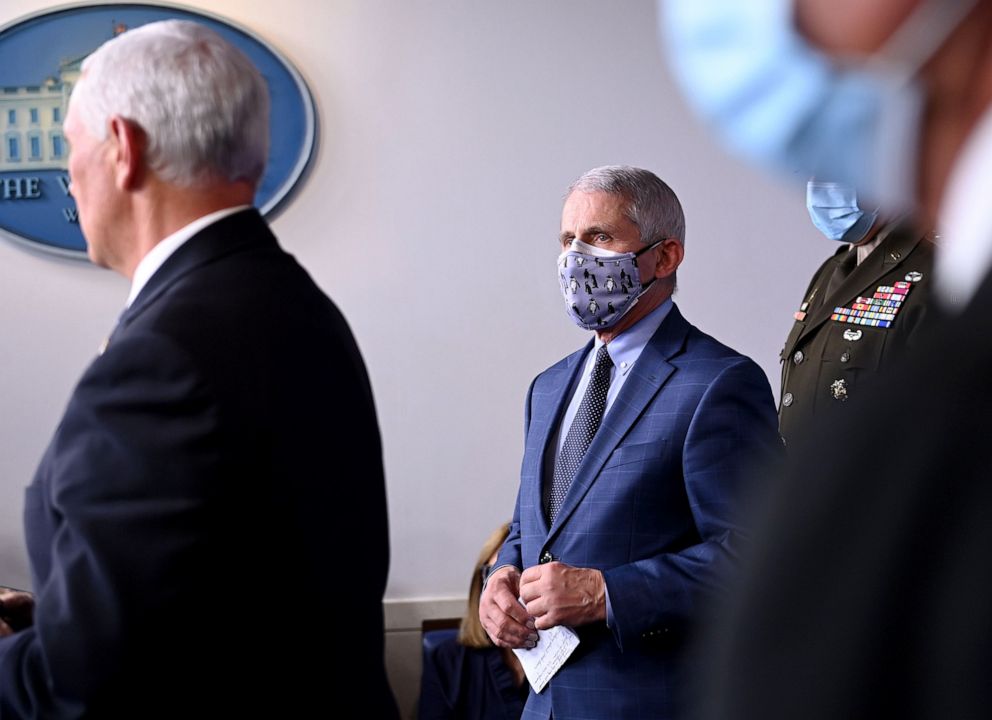 PHOTO:Anthony Fauci listens to Vice President Mike Pence speak during a White House Coronavirus Task Force press briefing in the White House on Nov. 19, 2020.