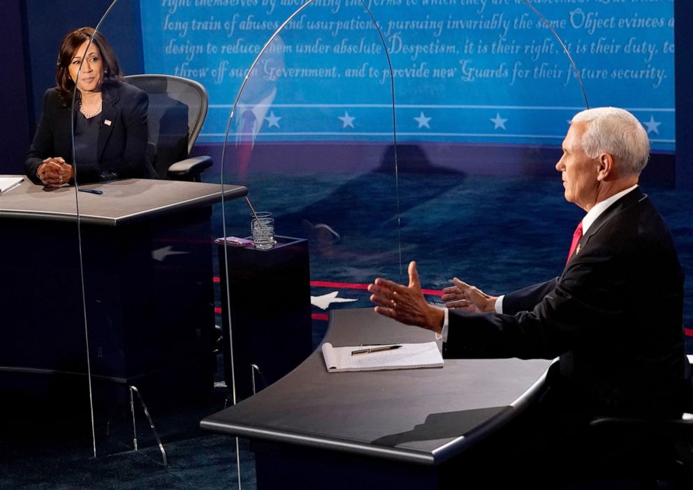 PHOTO: Vice President Mike Pence and Democratic vice presidential nominee Kamala Harris speak during the vice presidential debate in Salt Lake City, Oct. 7, 2020.