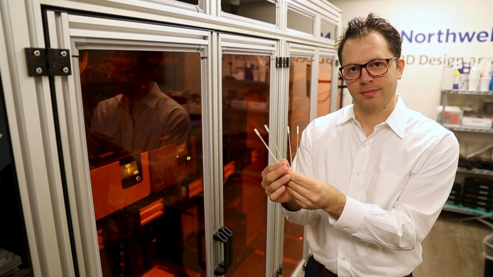 PHOTO: Dr. Todd Goldstein holds 3D-printed nasal swabs made at Northwell Health.