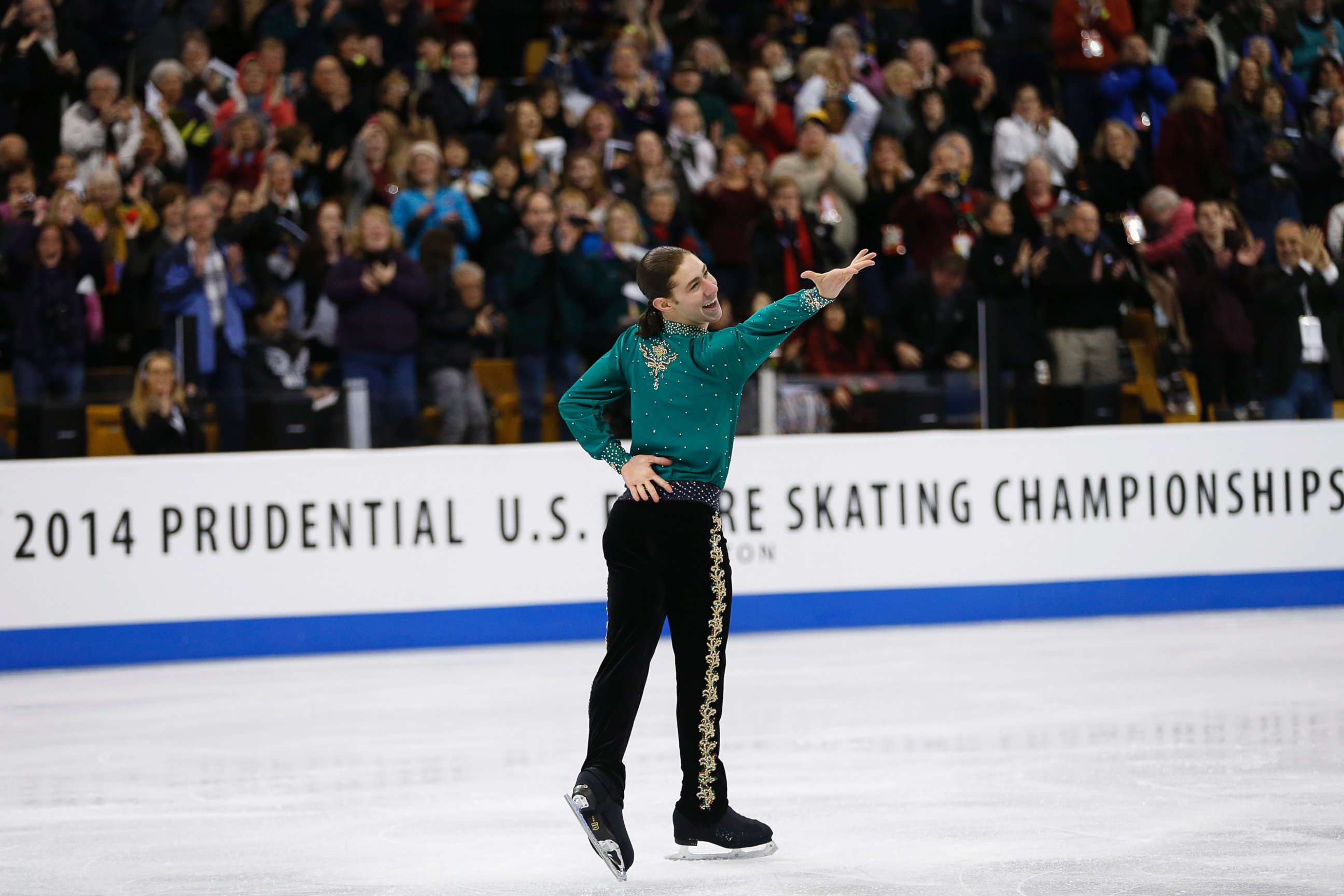 PHOTO: Jason Brown reacted after skating in Group 4. The men's free skate of the 2014 Prudential U.S. Figure Skating Championships took place at the TD Garden in Boston, Jan. 12, 2014.