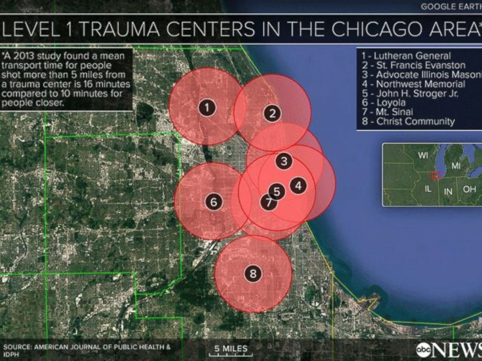 PHOTO: A map of Chicago's level 1 trauma centers are seen here.