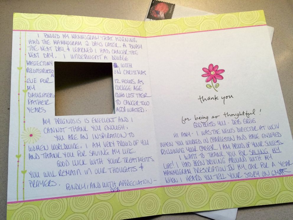 PHOTO: Breast cancer survivor Deb Greig sent Amy Robach a thank you note for saving her life. 