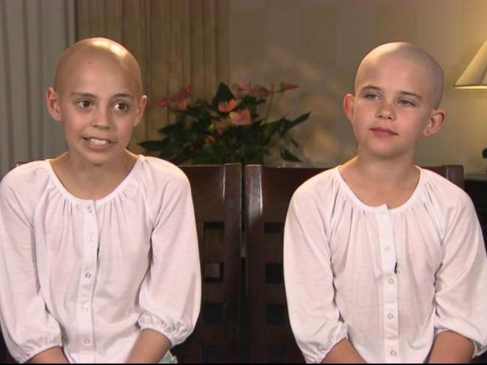 PHOTO: Kamryn Renfro, right, was not allowed in the classroom when she showed up with a bald head to support her friend, 11-year-old Delaney Clements, who lost her hair because of chemotherapy while battling a rare childhood cancer.