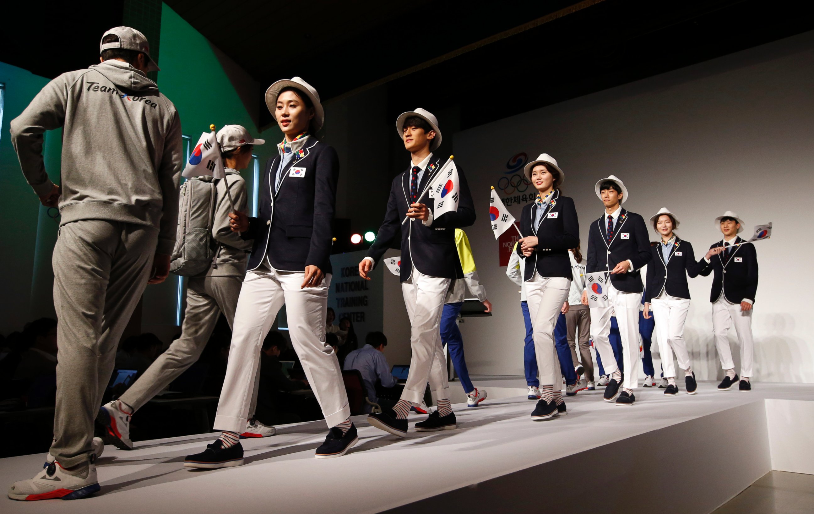 South Korean Olympic athletes and models present the South Korean Olympic team uniforms for the 2016 Rio de Janeiro Olympic Games at Korean National Training Center in Seoul on April 27, 2016. 