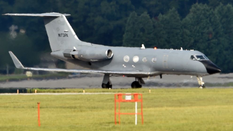 An airplane transporting an American infected with Ebola lands at Dobbins Air Reserve Base on Sept. 9, 2014 in Marietta, Ga. 