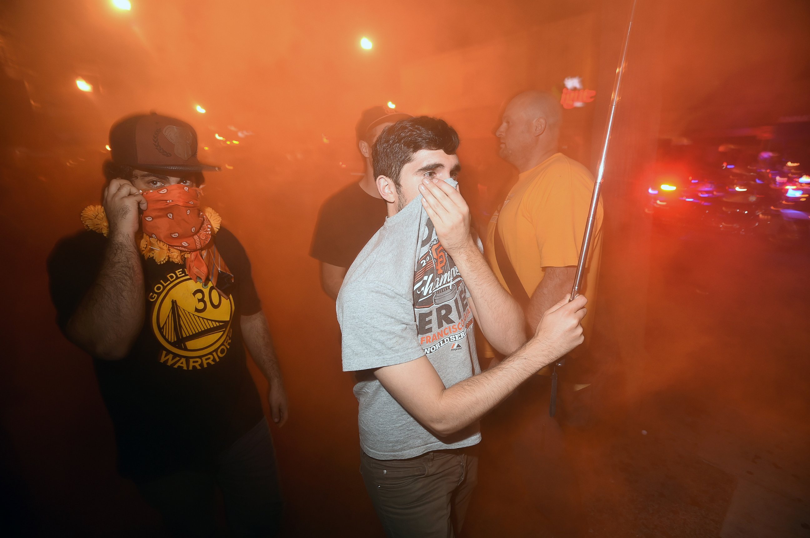 PHOTO: San Francisco Giants fans celebrate in the Mission district after the San Francisco Giants beat the Kansas City Royals to win the World Series on Oct. 29, 2014, in San Francisco. 