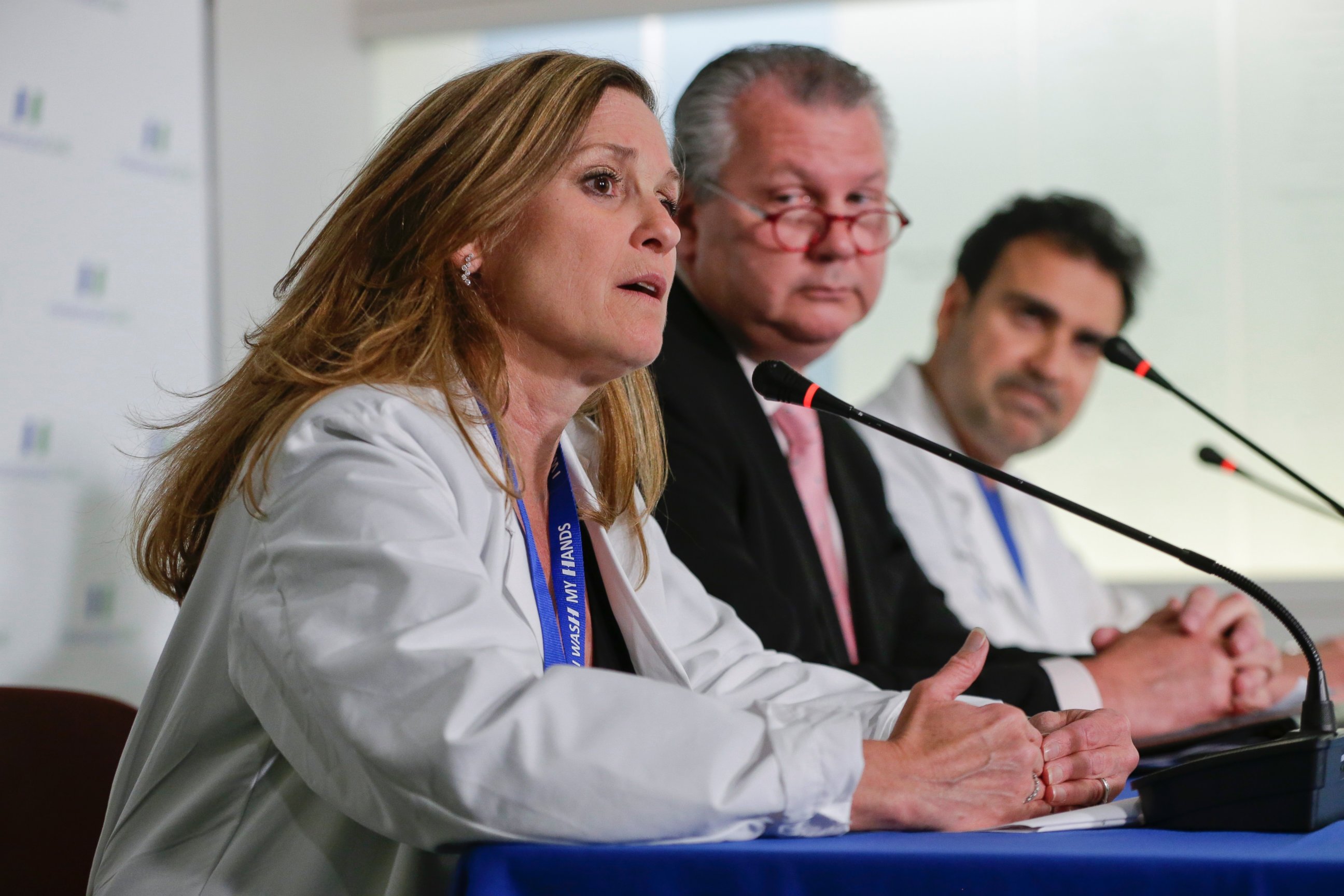 PHOTO: Dr. Ihor Sawczuk, center, and Dr. Abdulla Al-Khan, right, watch as Dr. Julia Piwoz speaks during a news conference at the Hackensack University Medical Center, June 1, 2016, in Hackensack, N.J.