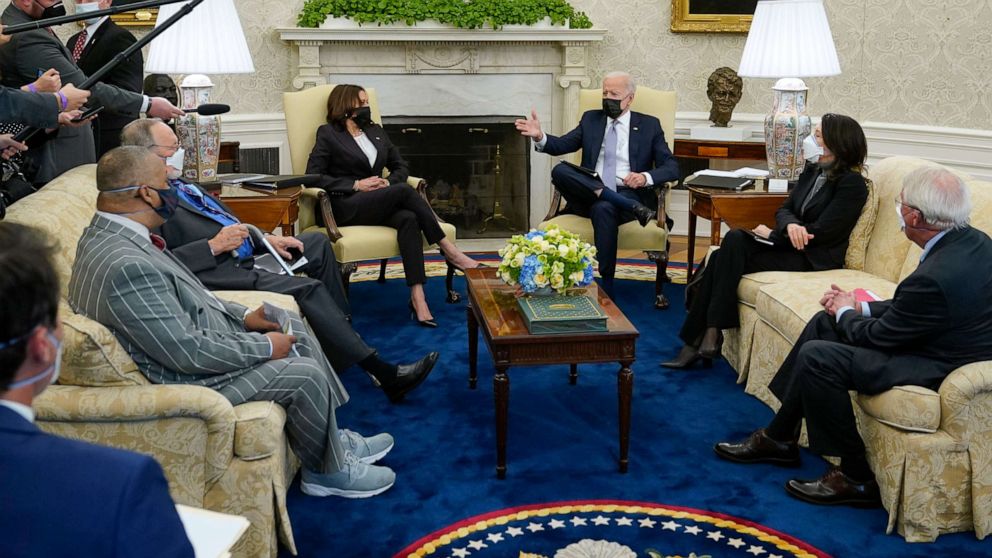 PHOTO: President Joe Biden and Vice President Kamala Harris meet with lawmakers to discuss the American Jobs Plan in the Oval Office of the White House, April 12, 2021.