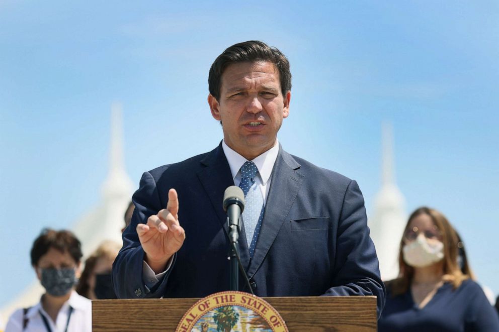 PHOTO: Florida Gov. Ron DeSantis speaks to the media about the cruise industry during a press conference, April 8, 2021, in Miami.