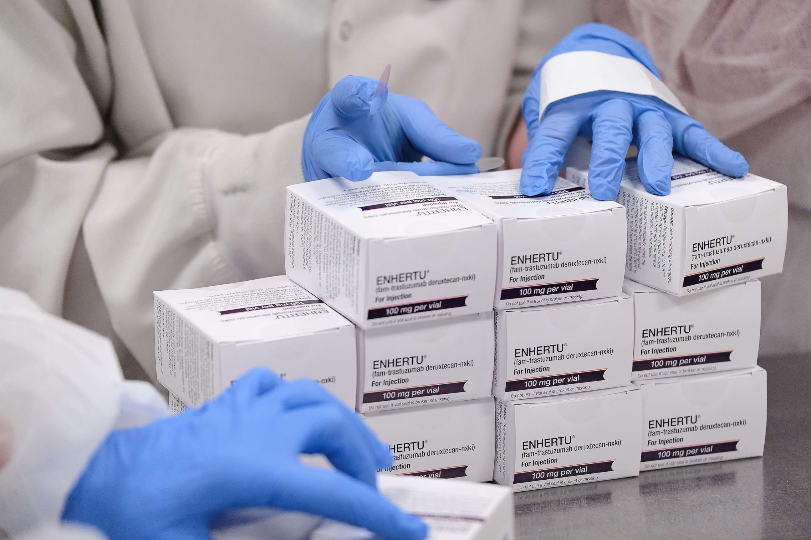 PHOTO: Pictured is a hand out image of a vial and packaging of ENHERTU, an antibody medication from AstraZeneca that when combined with chemotherapy is showing to extend the life of people with HER-2 positive breast cancer.