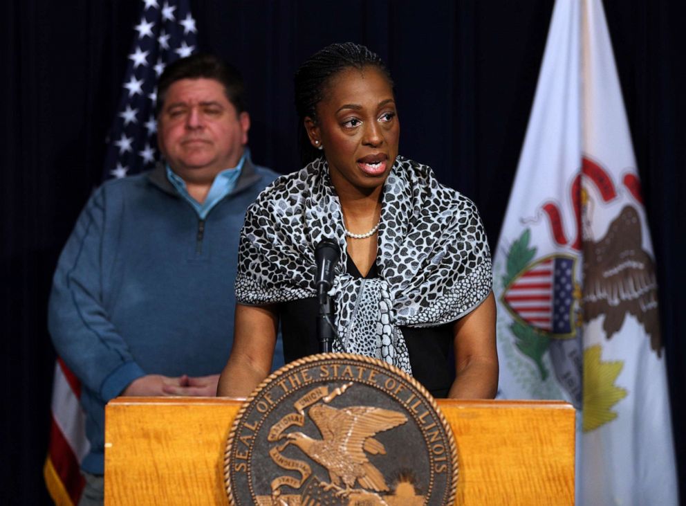 PHOTO: Illinois Governor J.B. Pritzker, left, and Dr. Ngozi Ezike, of the Illinois Department of Public Health, right, hold a press conference at the Thompson Center in Chicago, March 2, 2020.