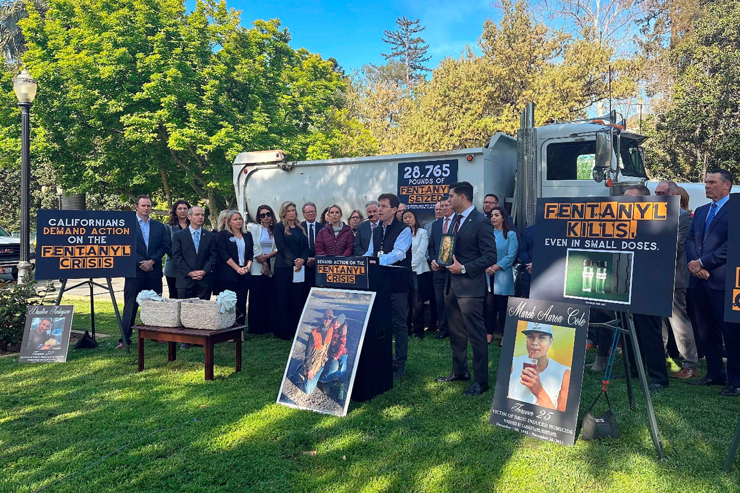 PHOTO: Matt Capelouto, whose daughter died from a fentanyl overdose, speaks at a news conference outside the Capitol in Sacramento, Calif., April 18, 2023.