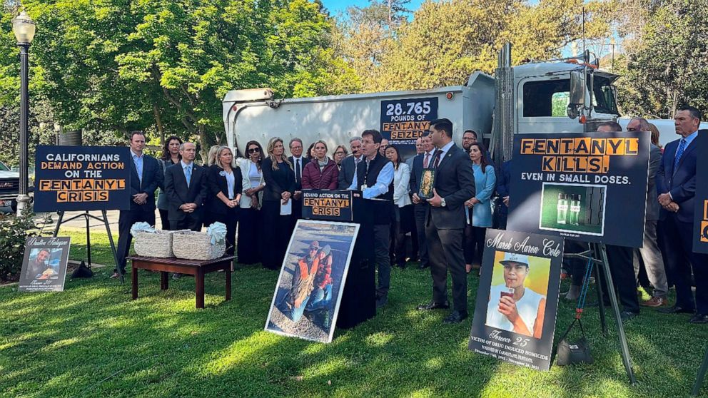 PHOTO: Matt Capelouto, whose daughter died from a fentanyl overdose, speaks at a news conference outside the Capitol in Sacramento, Calif., April 18, 2023.