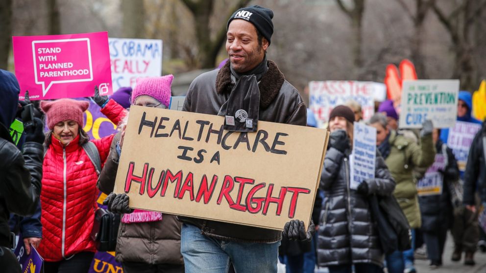 PHOTO: Participants in the "March for Health" demanding equitable and affordable access to quality healthcare, on April 01, 2017, in New York City. 