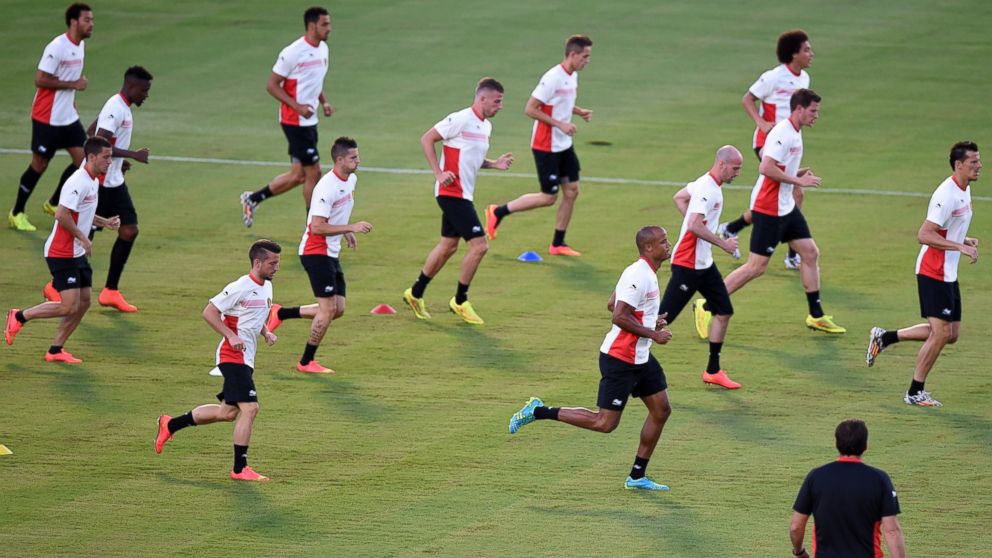 Belgium's players take part in a training session in Salvador, Brazil on June 30, 2014. 