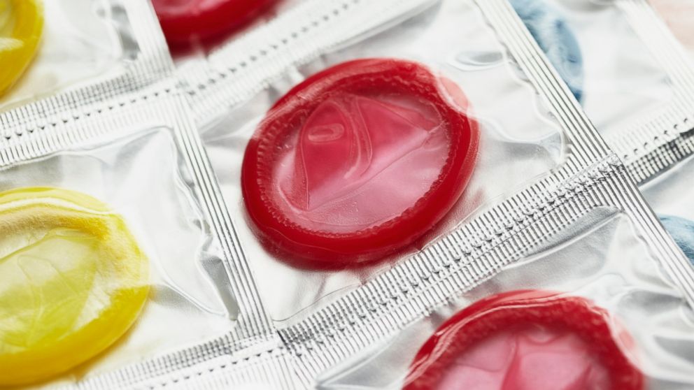 Close up of colorful condoms.