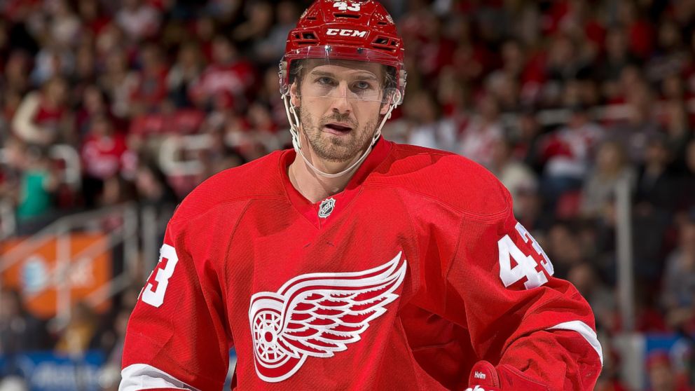 Darren Helm #43 of the Detroit Red Wings gets set for the face-off during a NHL game against the Nashville Predators, Jan. 17, 2015, in Detroit.