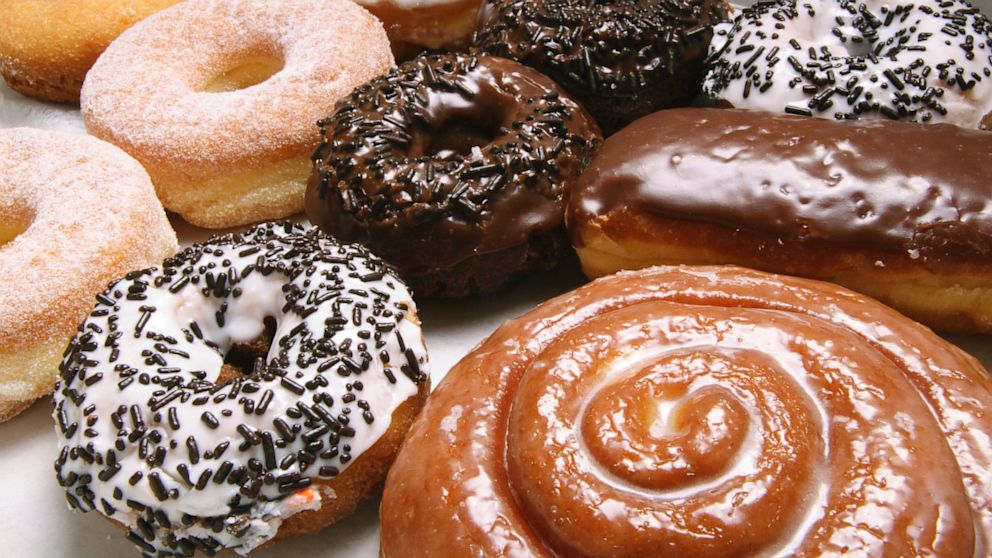 A variety of donuts are shown.