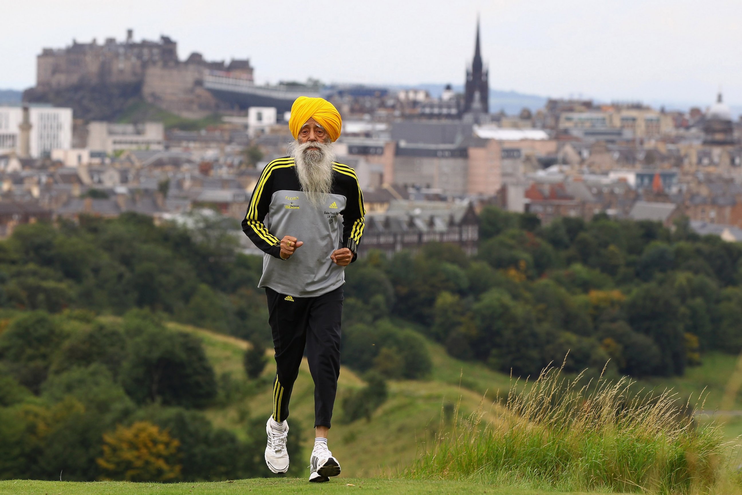 PHOTO: Centenarian Sikh runner Fauja Singh is pictured on Sept. 1, 2011 in Edinburgh, Scotland. 