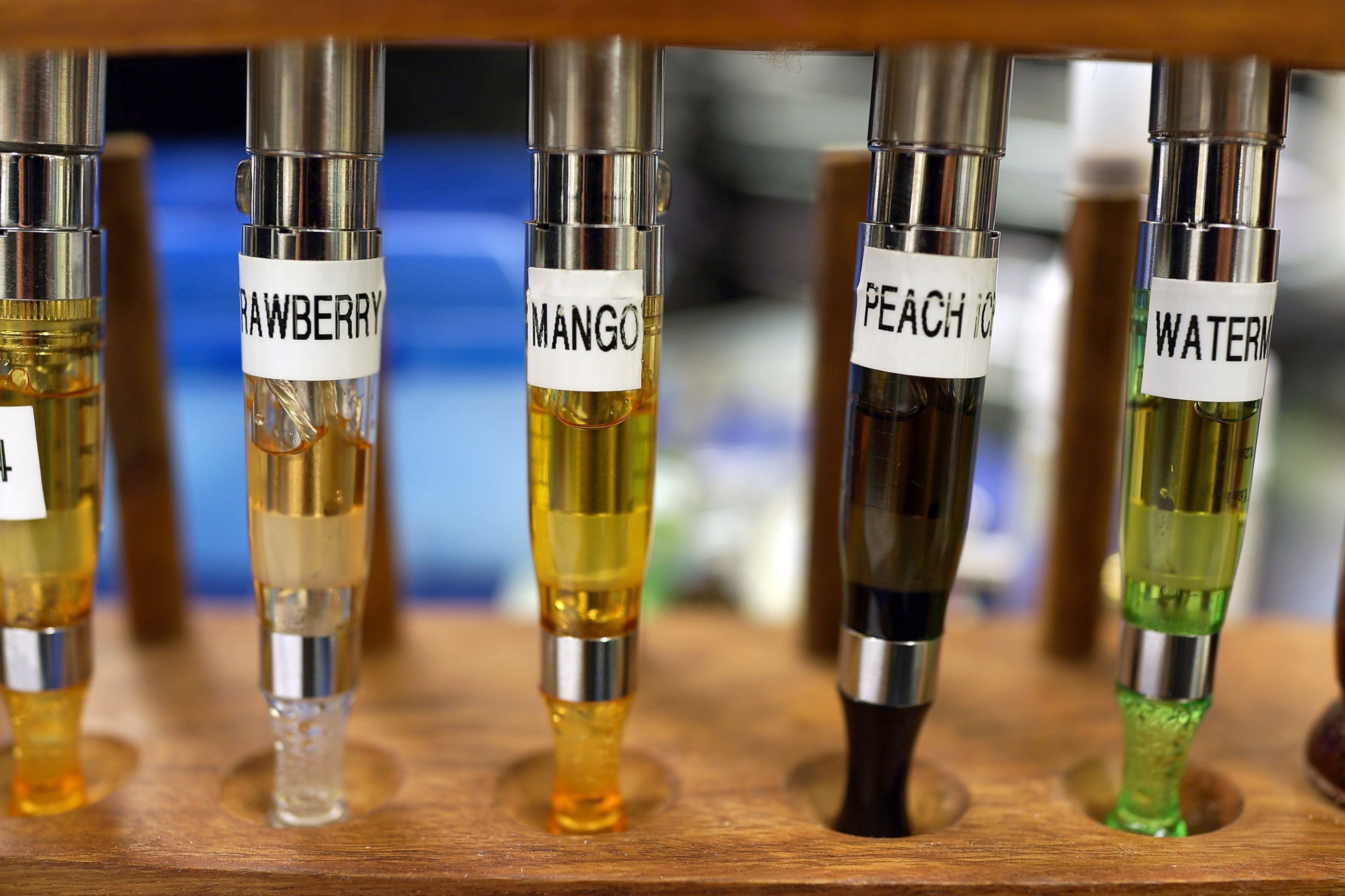 PHOTO: A variety of  electronic cigarette flavors are displayed for sale at an electronic cigarette store, June 10, 2013, in New York City.