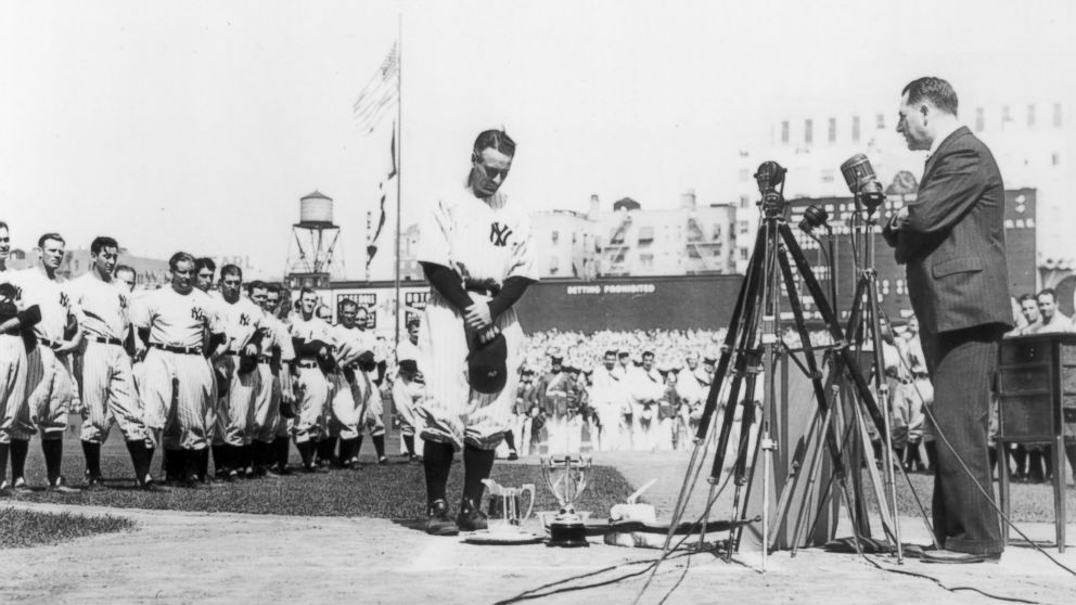 PHOTO: Lou Gehrig, first baseman for the New York Yankees, is shown at the microphone during Lou Gehrig Appreciation Day, a farewell to the slugger, at Yankee Stadium, July 4, 1939.