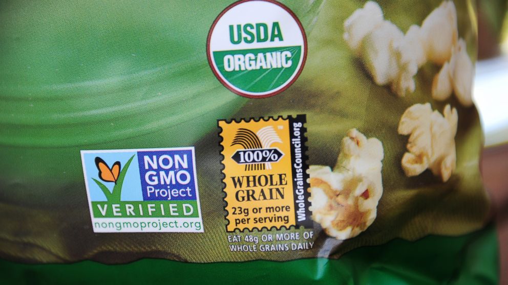 A label on a bag of popcorn indicates it is a non-GMO food product, in Los Angeles in this Oct. 19, 2012 file photo.