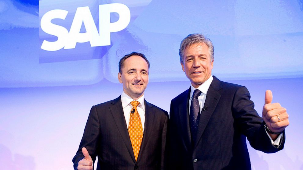 PHOTO: CO-CEOs of SAP AG Bill McDermott, right, and Jim Hagemann Snabe during the annual results press conference on Jan. 23, 2013 in Walldorf, Germany.