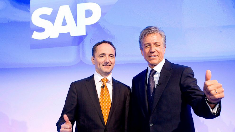 CO-CEOs of SAP AG Bill McDermott, right, and Jim Hagemann Snabe during the annual results press conference on Jan. 23, 2013 in Walldorf, Germany.