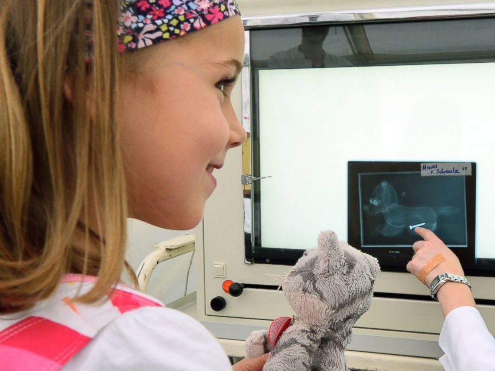 PHOTO: Paula, age 5, and her stuffed cat Trudi, attend a "consultation" with doctors in the X-ray tent of the "Teddy Clinic'' on June 4, 2014 in Giessen, Germany. 