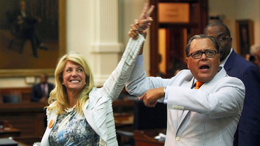 State Sen. Wendy Davis, D-Ft. Worth, celebrates as the Democrats defeat the anti-abortion bill SB5, which was up for a vote on the last day of the legislative special session June 25, 2013, in Austin, Texas.