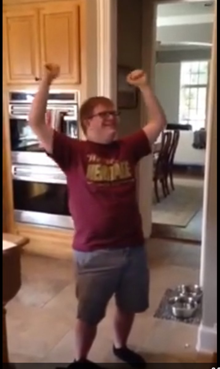 PHOTO: Ben Sunderman, who is 19 and has Down syndrome, reacts to receiving the acceptance letter to his first job.