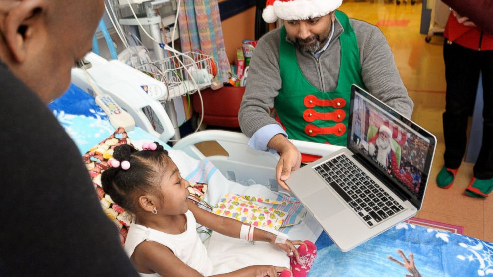 PHOTO: Jenna Skeete, 3, was one of many pediatric patients at NewYork-Presbyterian/Morgan Stanley Children's Hospital who was able to speak to Santa through the magic of an Internet video call powered by Cisco.