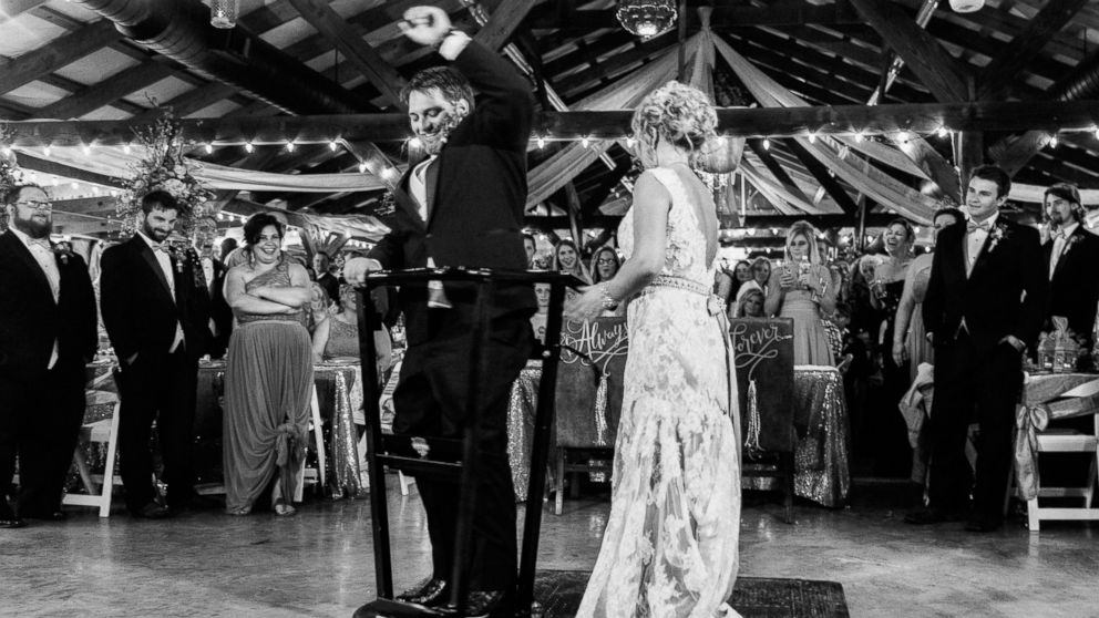 A specially-designed platform let Stephenson stand and even dance after his wedding ceremony.
