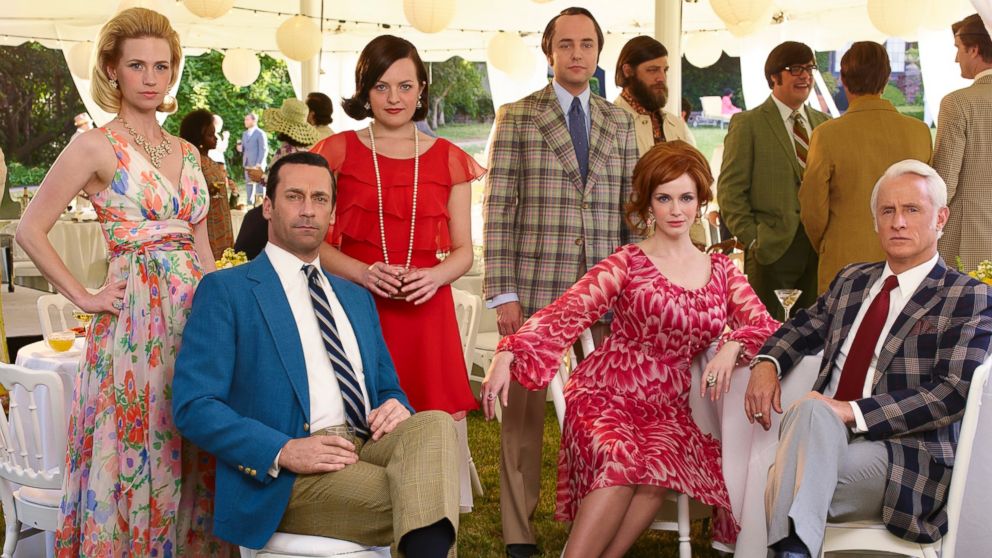 January Jones as Betty Francis, Jon Hamm as Don Draper, Elisabeth Moss as Peggy Olson, Vincent Kartheiser as Pete Campbell, Elisabeth Moss as Peggy Olson and John Slattery as Roger Sterling in a promotional photo for season 7 of "Mad Men."