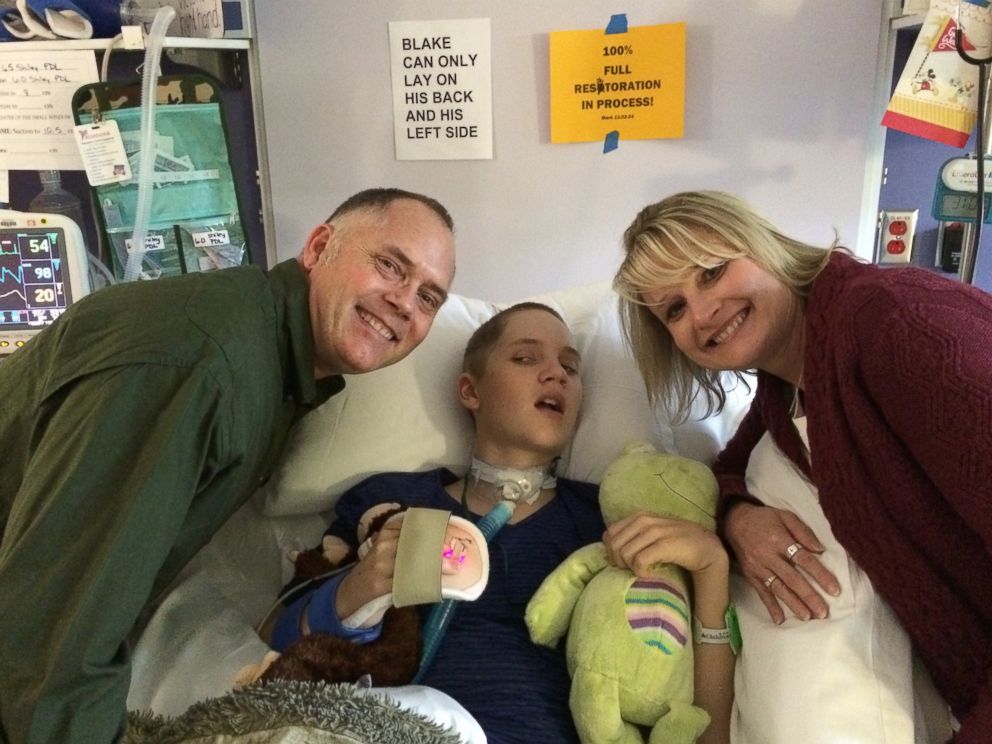 PHOTO: Blake Hyland recovers in the hospital in this photo taken with his father, Pat, and mother, Cyndi.