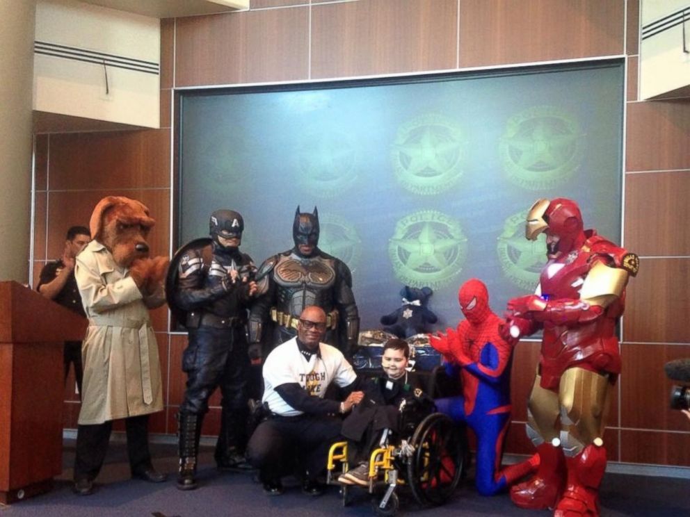 PHOTO: Jack poses with the police officers and superheroes of the Dallas Police Department on May 1, 2015.