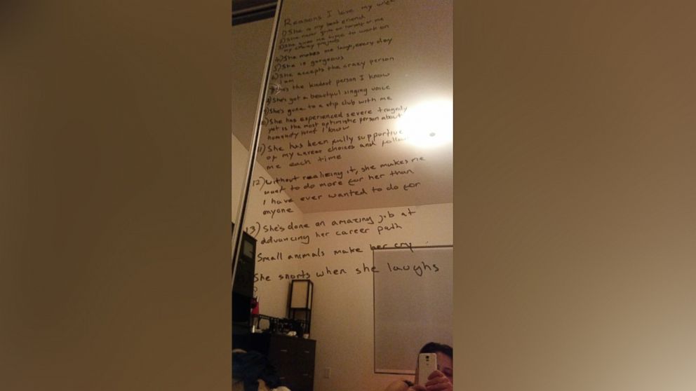 PHOTO: Los Angeles engineer Tim Murphy surprised his wife Molly Murphy, who is battling depression and anxiety, with a beautiful list of reasons why he loves her.