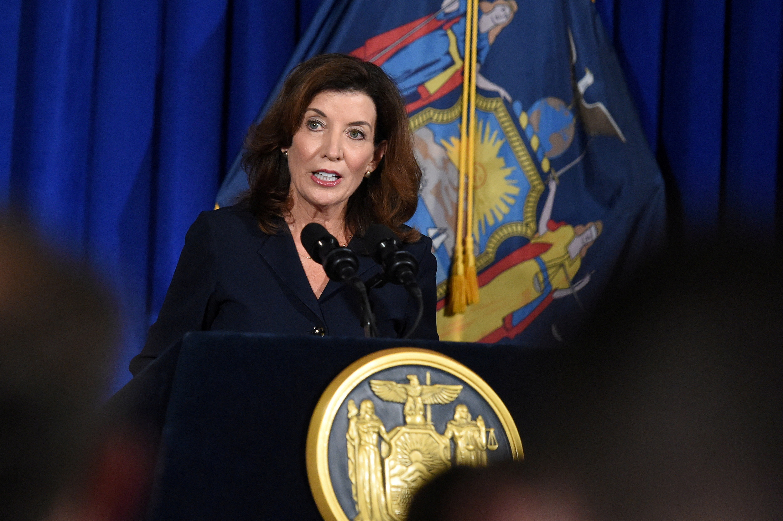 FILE PHOTO: New York Lieutenant Governor Kathy Hochul speaks during a news conference in Albany, New York, U.S., August 11, 2021.  REUTERS/Cindy Schultz/File Photo