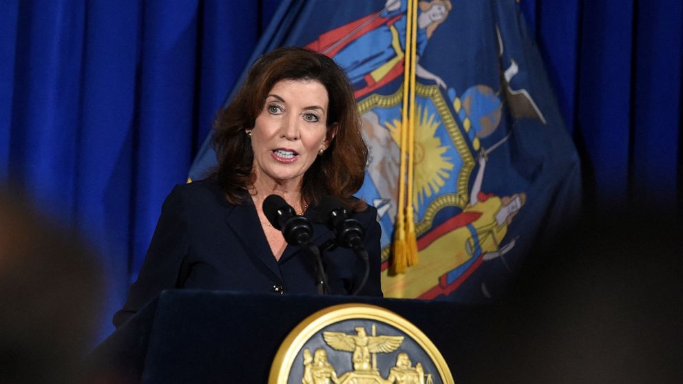 FILE PHOTO: New York Lieutenant Governor Kathy Hochul speaks during a news conference in Albany, New York, U.S., August 11, 2021.  REUTERS/Cindy Schultz/File Photo