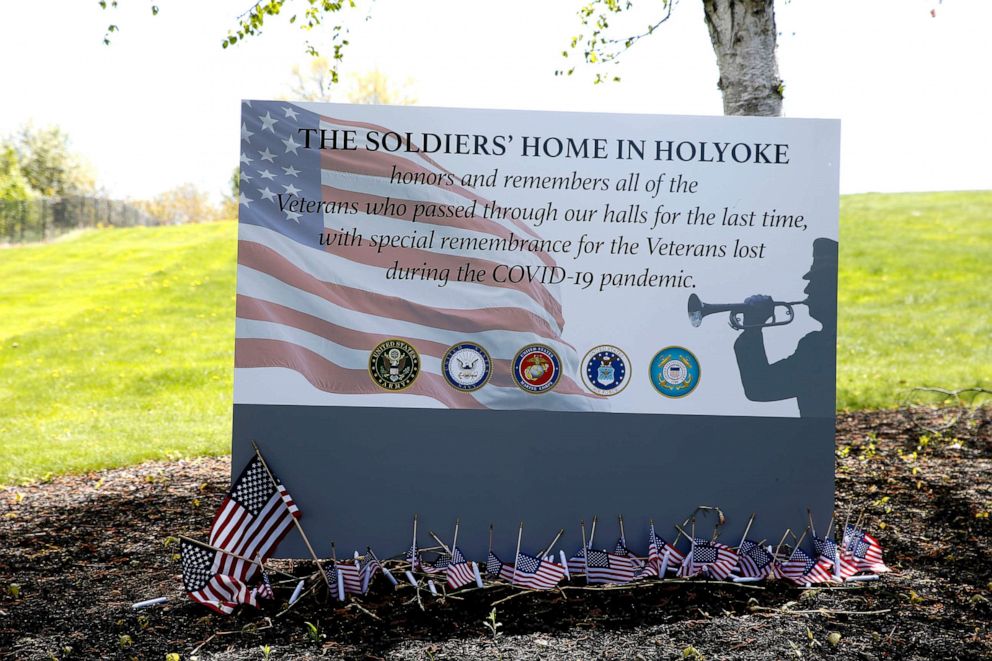 PHOTO: A memorial in front of The Holyoke Soldiers Home pays tribute to those lost to COVID-19 in Holyoke, Mass., May 6, 2021. 