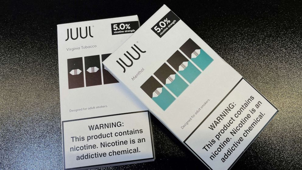 PHOTO: Juul e-cigarettes are seen on the counter of a vape store in Santa Monica, Calif., June 23, 2022. 