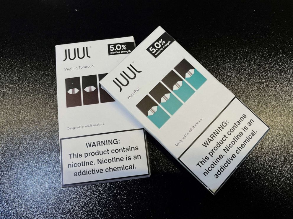 PHOTO: Juul e-cigarettes are seen on the counter of a vape store in Santa Monica, Calif., June 23, 2022. 