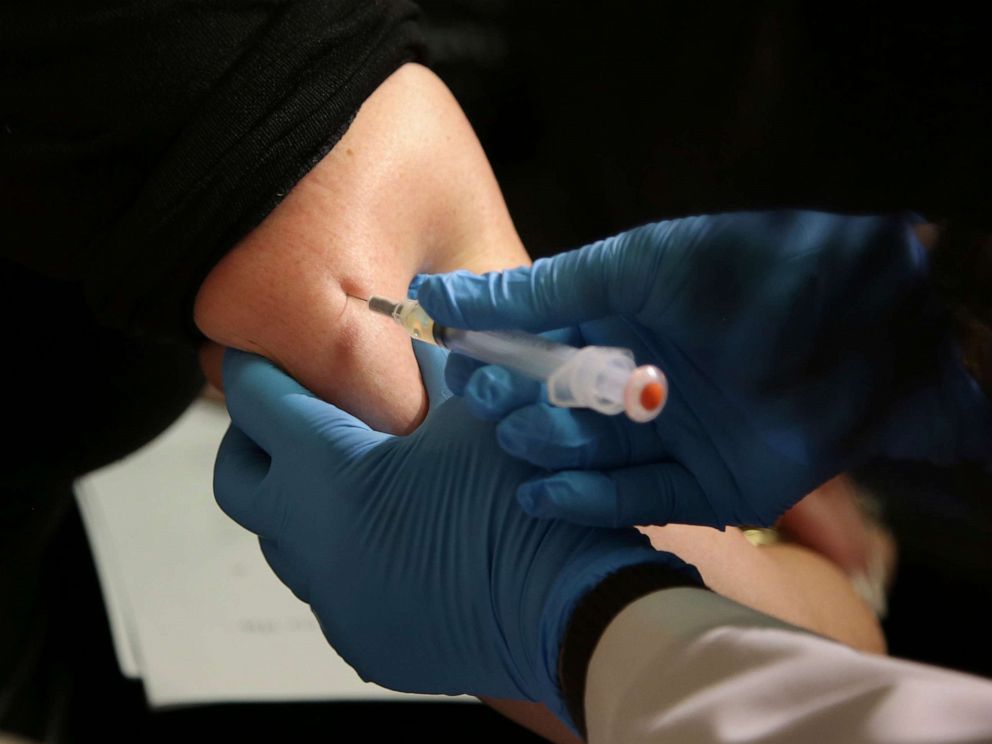PHOTO:A woman receives a measles, mumps and rubella vaccine at the Rockland County Health Department in Pomona, N.Y., March 27, 2019.