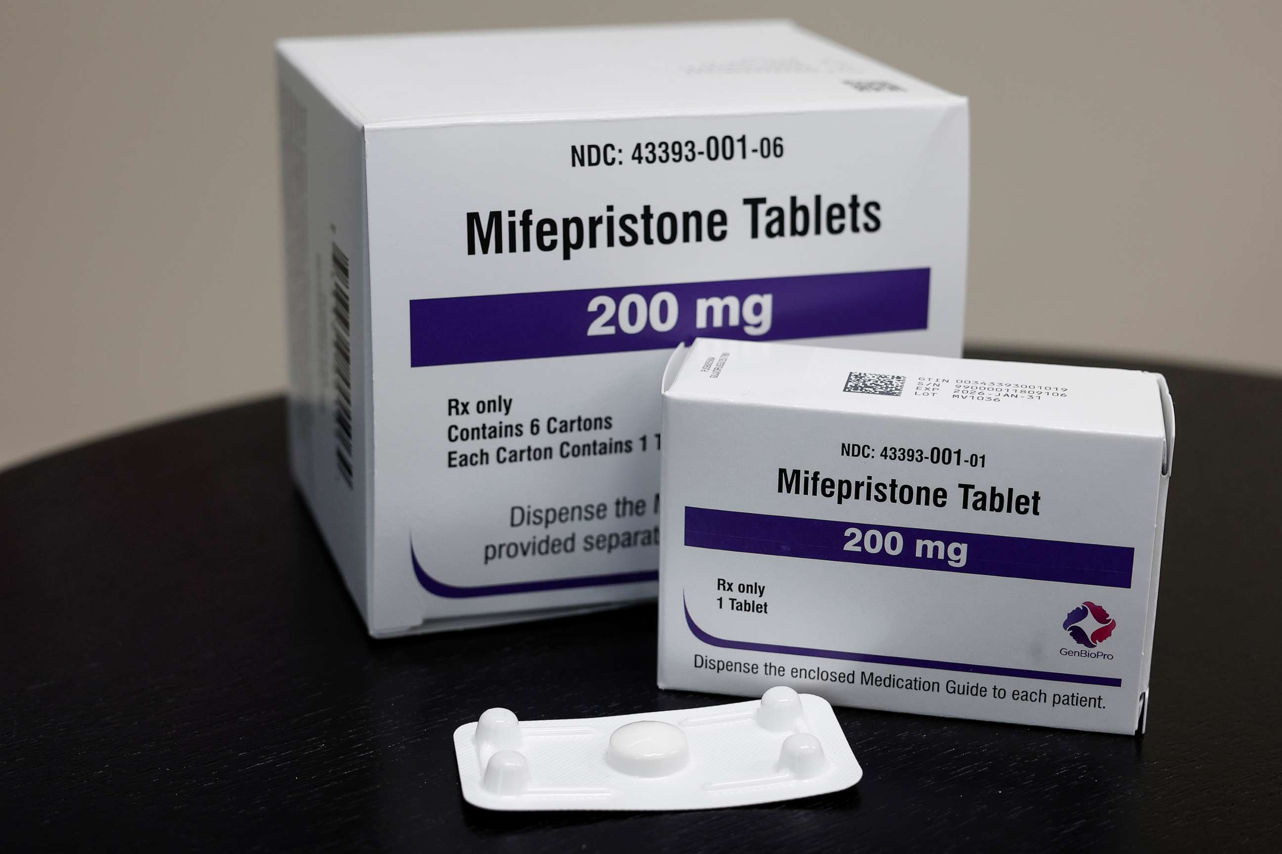 PHOTO: In this photo illustration, packages of Mifepristone tablets are displayed at a family planning clinic on April 13, 2023 in Rockville, Md.