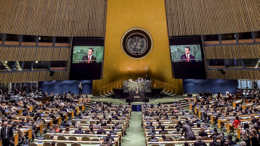 Mexican President Enrique Pena Nieto addresses the audience during a special session on global strategy in the war on drugs at the United Nations General Assembly in New York, April 19, 2016. 