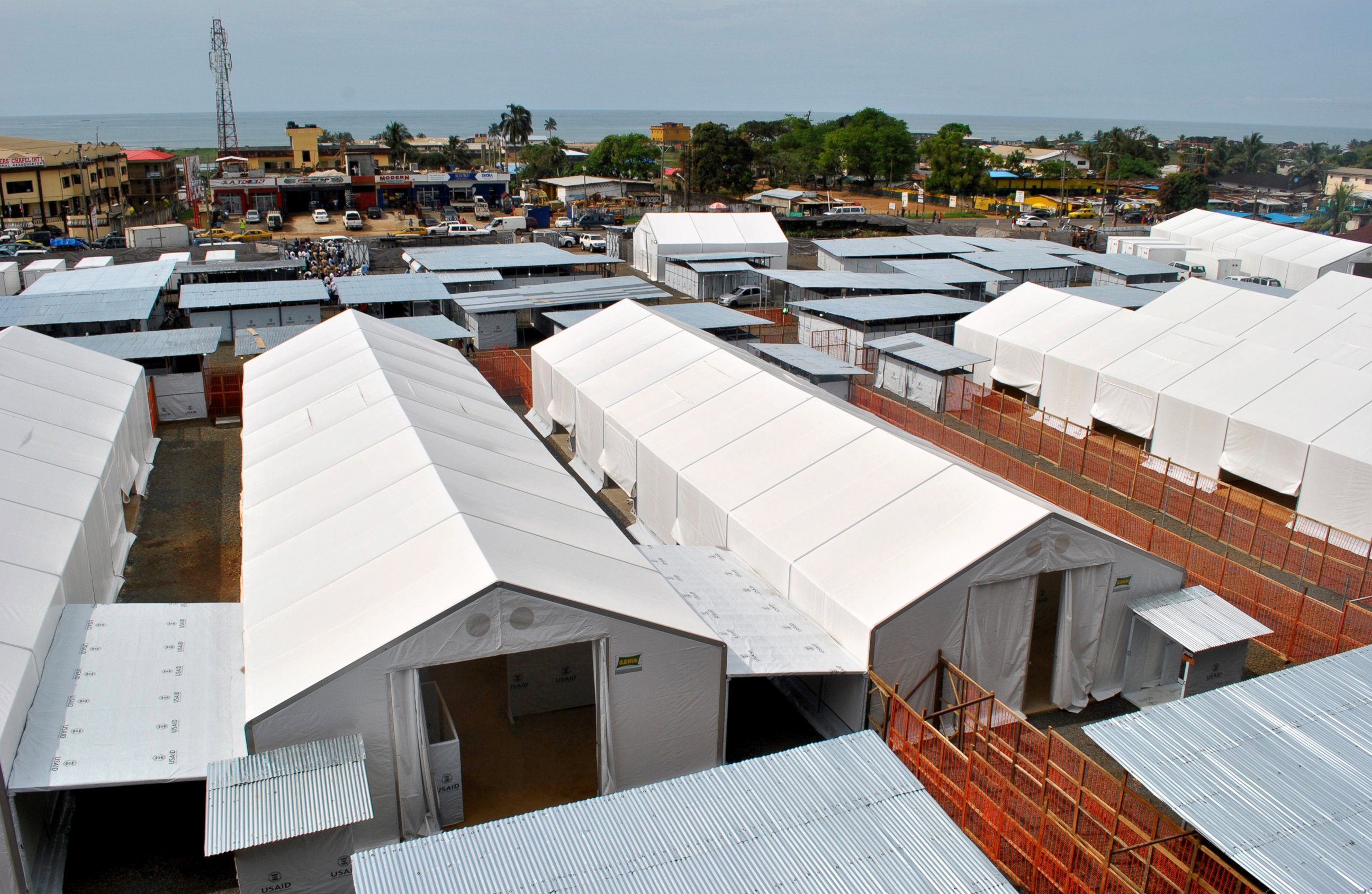PHOTO: An aerial view shows a 100-bed Ebola treatment center opened in Liberia's capital Monrovia, Oct. 31, 2014. 