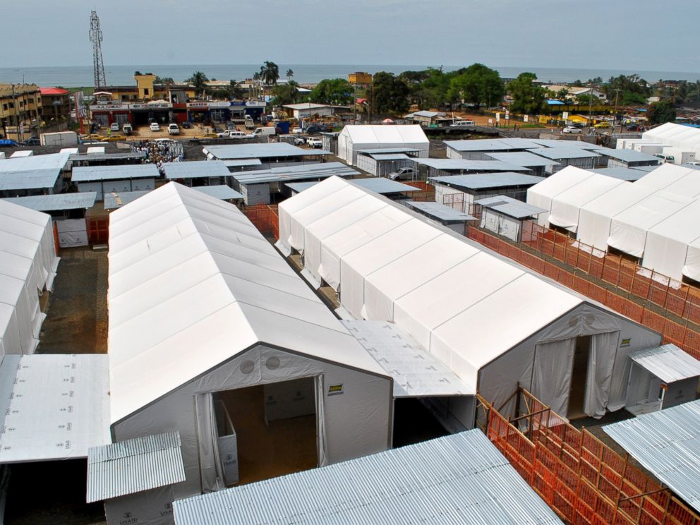 PHOTO: An aerial view shows a 100-bed Ebola treatment center opened in Liberias capital Monrovia, Oct. 31, 2014.